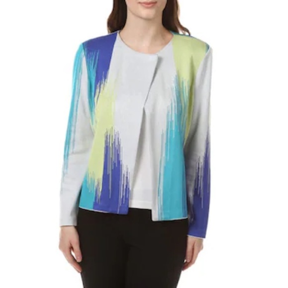Ming Wang Blue and Green Asymmetrical Single Clasp Knit Jacket NWT PM - Picture 2 of 11